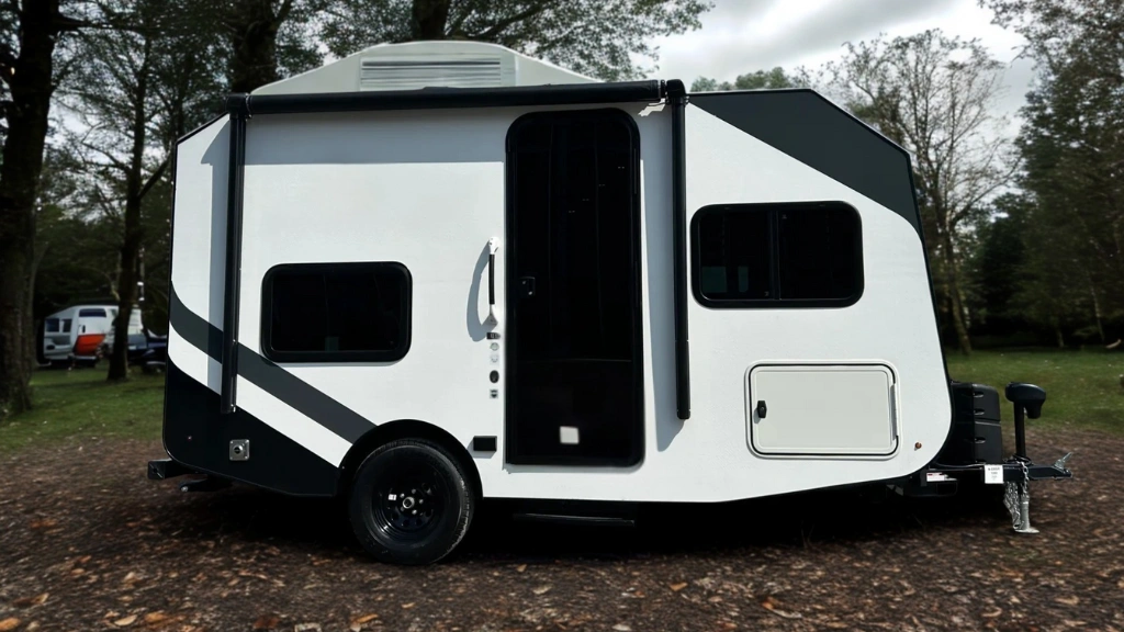 Roulotte ultralégère blanche et noire stationnée dans un boisé, illustrant une caravane de moins de 2500 lb idéale pour le remorquage facile et les escapades en nature.