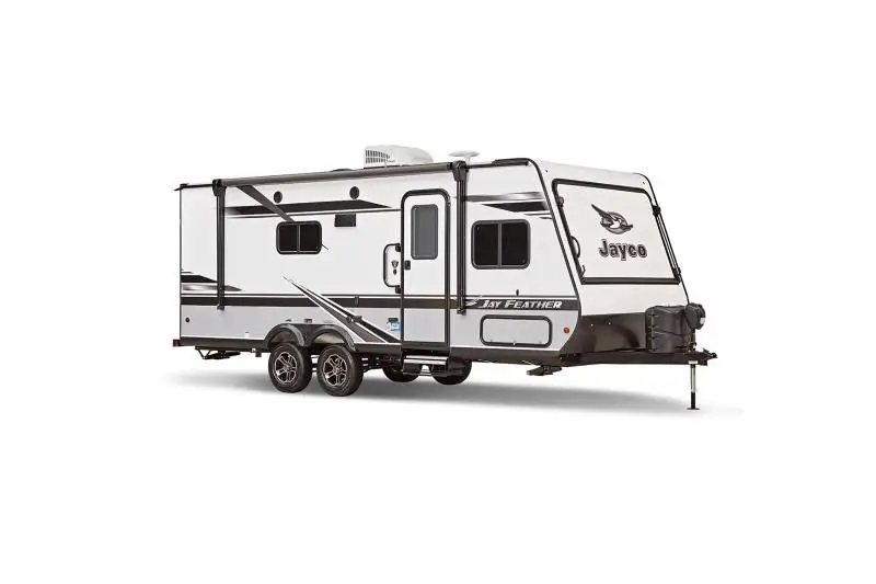 Vue 3/4 avant d'une roulotte hybride Jayco Feather.