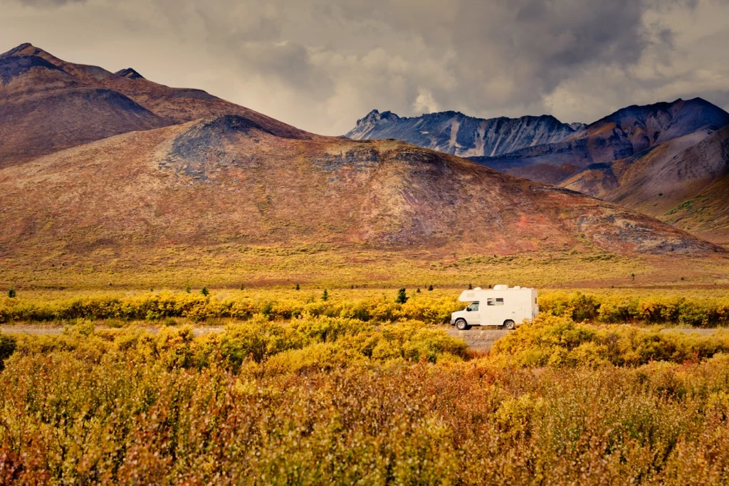 An RV parked in a tundra in the Tombstone territory of Yukon, Canada