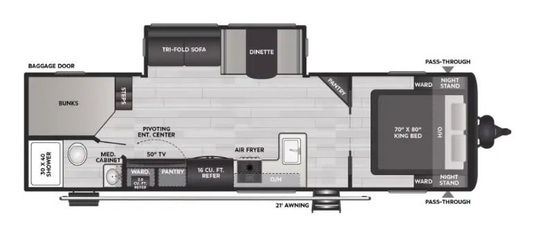 Plan détaillé de la roulotte Coleman 2900BH incluant lit King, lits superposés, cuisine avec friteuse à air et salon en extension.
