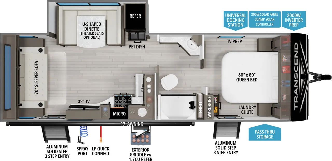 Plan d’aménagement de la roulotte Transcend 335BHT de Grand Design illustrant les deux chambres fermées, la cuisine complète, le coin-repas, la salle de bain et les espaces de rangement.