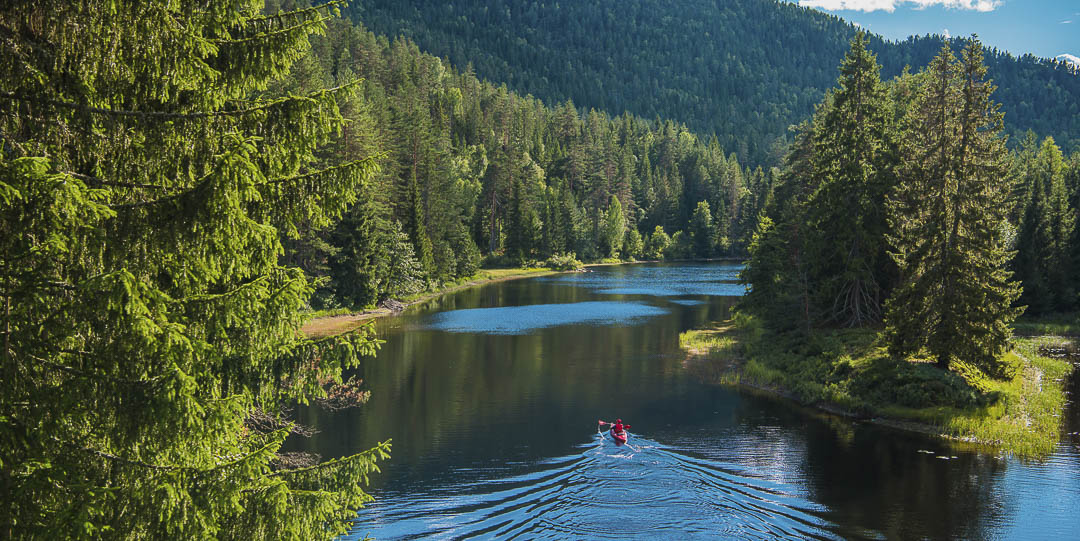 vue d'une rivière avec une personne en kayak