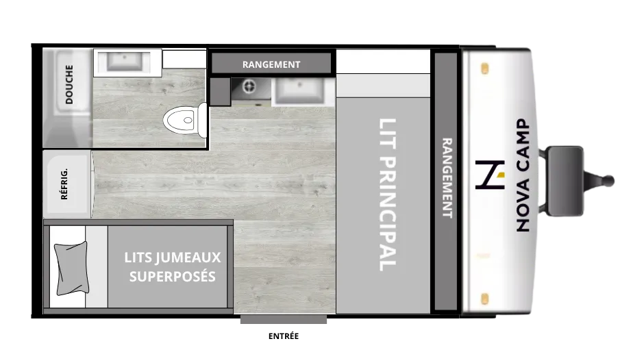Plan intérieur de la roulotte Nova Camp 13BH.